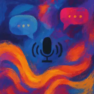 A microphone and speech bubbles on a colorful background represent communication and events, ideal for conference and networking topics.