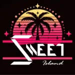Palmera con atardecer de neón, estilo retro, logo de evento de isla, colores vibrantes, ambiente de fiesta y playa, perfecto para eventos temáticos y festivales en destinos tropicales.