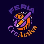 Feria Creativa logo con lápiz y elementos astronómicos en colores naranja y morado para eventos, innovación y comunidad artística en Bogotá.