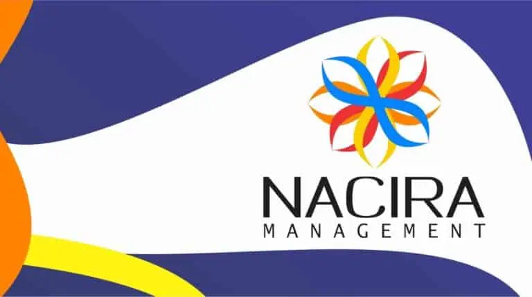 Nacira Management 的标志采用色彩缤纷的花朵形状设计，背景为蓝色、黄色和橙色元素，非常适合用于活动和商业管理、企业品牌推广。