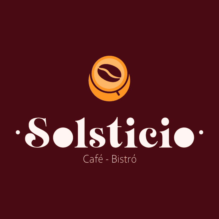 Solsticio Café and Bistro, logo con sfondo bordeaux, icona della tazzina da caffè in toni caldi, offre esperienze gastronomiche e di caffè speciali in un ambiente accogliente e moderno.