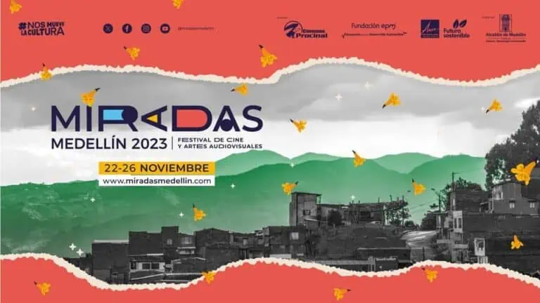 Miradas Medellín 2023 活动一角，附有麦德林电影和视听艺术节的日期和详细信息海报。