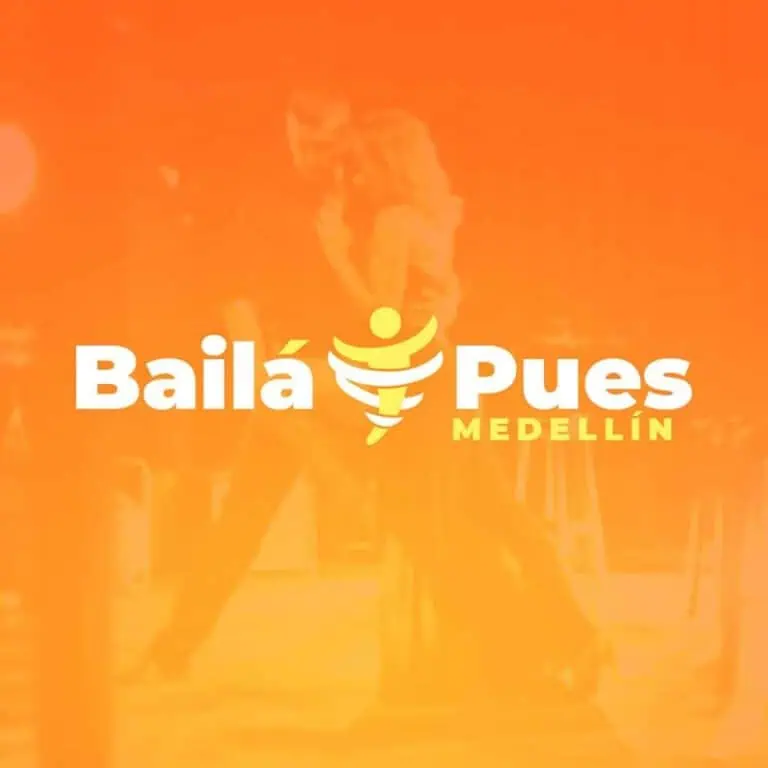 Bailá Pues Medellín logo promocional, evento de baile y música en Medellín, Colombia, promoviendo cultura y entretenimiento. Imagen vibrante con fondo naranja y pareja bailando en movimiento.