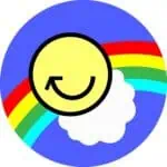 黄色笑脸配彩虹和云朵，趣味多彩的标志，适用于活动、节日和休闲活动，代表欢乐、幸福和幽默。