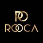Roca logo in gold on a black background, elegant design for events and corporate branding.