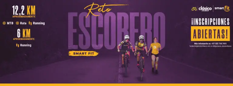 Attractive promotional image of the Escober Challenge event featuring cyclists and a runner, promoting open registration for the 12.2 km and 6 km races in an urban setting, highlighting the organization and sporting activities.