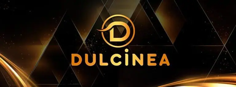Dulcinea-Eventlogo auf schwarzem Hintergrund mit geometrischem Design und goldenen Lichteffekten für Eventwerbung und digitales Marketing.