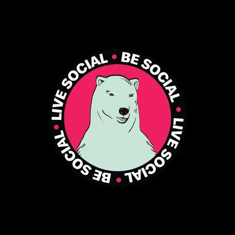 这是一个面向在线活动的实时社交媒体活动平台，以北极熊为标志，并配有“现场娱乐、数字艺术”的文字，旨在促进哥伦比亚的社交互动和实时虚拟活动。