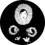 Download a screenshot of creative art of a doll-like woman, with lace details and bird manipulation, in a modern surreal art style design.