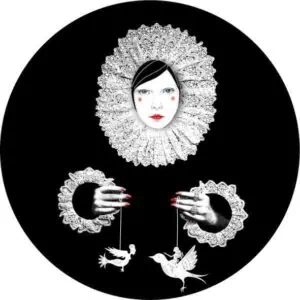 Download a screenshot of creative art of a doll-like woman, with lace details and bird manipulation, in a modern surreal art style design.