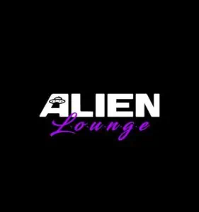 Alien Lounge, a futuristic logo with an alien theme, features a black background with white and purple text, ideal for promoting events and spaces related to innovation and pop culture.