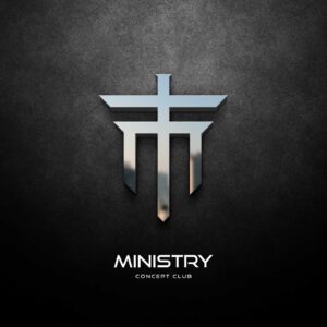Ministerio logo en diseño moderno y minimalista, concepto de club de conciertos y eventos en Bogotá. Uso de metal y textura oscura, ideal para branding y promociones en eventos religiosos y culturales.