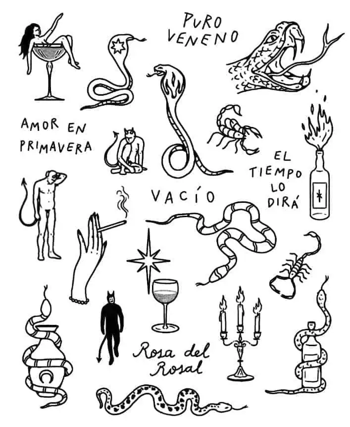 Schlangen und geflügelte Figuren in schwarz-weißen Illustrationen im Zeichenstil mit Botschaften wie „Reines Gift“ und „Leere“, die Konzepte wie Gefahr, Liebe, Zeit und Humor in symbolischen und kreativen Bildern darstellen.