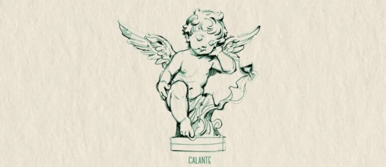 Deidad angelical de dibujos en estilo vintage, con alas y una copa en la mano, representando belleza y espiritualidad, ideal para eventos religiosos o culturales.
