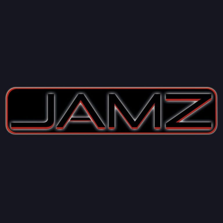 JAMZ logotipo en estilo neón negro y rojo para eventos y entretenimiento.