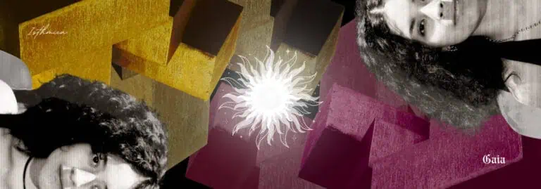 Une image attrayante de deux femmes avec des expressions surprises debout devant des blocs colorés et un symbole solaire au centre, idéale pour les événements, le réseautage et les activités culturelles en Colombie.