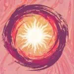 Un soleil brillant et artistique avec des motifs ardents dans des teintes orange et roses, représentant l'énergie et la créativité pour les événements et les festivals.