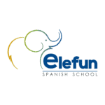 Spanish learning for children at Elefun language school with an elephant logo and text in blue and gray.