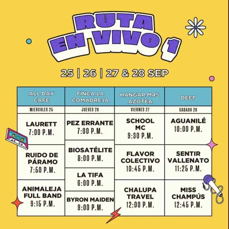 Ruta en vivo, um evento de música e entretenimento em Bogotá, com programação completa de 25 a 28 de setembro em diferentes locais, apresentando bandas e artistas de renome.