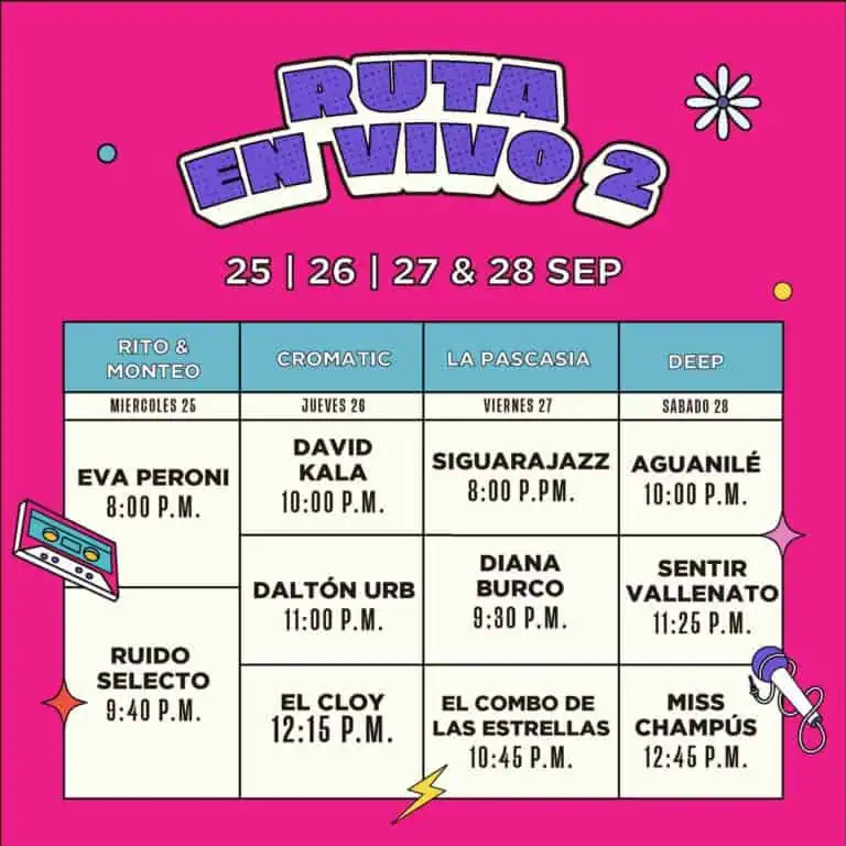 Cartaz do evento RUTA EN VIVO 2, programação de shows e atividades de 25 a 28 de setembro, festival de música e arte, eventos culturais e shows ao vivo na Colômbia.