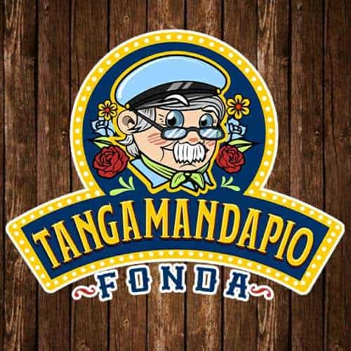 Anciano con gafas, barba blanca y uniforme, rodeado de flores y rosas, en estilo caricatura, en fondo de madera para logo de restaurante típico colombiano.