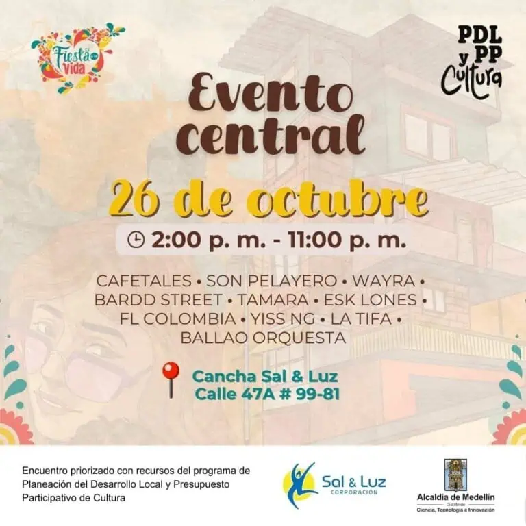 Fiesta Vida ist eine kulturelle Veranstaltung in Medellín mit Live-Musik und lokalen Künstlern im Cancha Sal & Luz am 26. Oktober von 2:00 bis 11:00 Uhr, bei der Kultur und gesellschaftliches Engagement gefeiert werden.