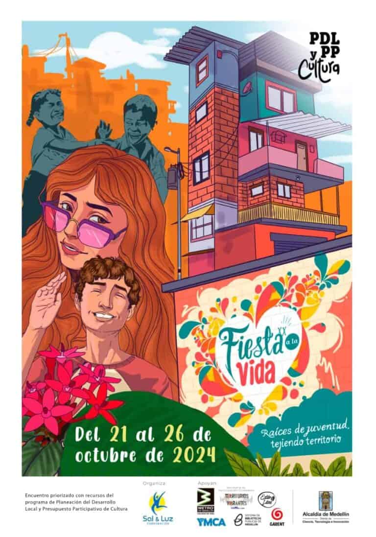 Artwork de celebración de la Fiesta a la Vida en Medellín, con motivos culturales, calles coloridas y arte urbano, promoviendo raíces de juventud y territorio, del 21 al 26 de octubre de 2024.