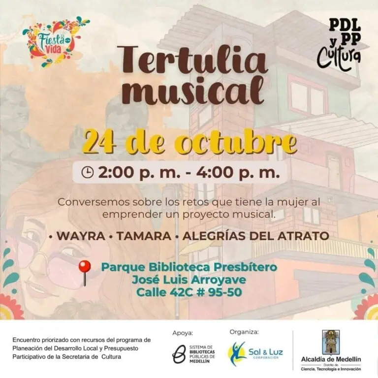 Musikalische Diskussion über die Herausforderungen des musikalischen Unternehmertums für Frauen im Bibliothekspark Presbítero José Luis Arroyave am 24. Oktober von 2:00 bis 4:00 Uhr zur Förderung von Kultur und gesellschaftlicher Teilhabe.