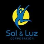 Abstract character dancing with a yellow circle background and the text Sal & Luz Corporación in blue on a black background.