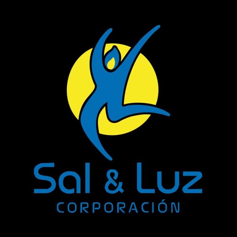 Personaje abstracto bailando con fondo de círculo amarillo y texto Sal & Luz Corporación en azul en fondo negro.