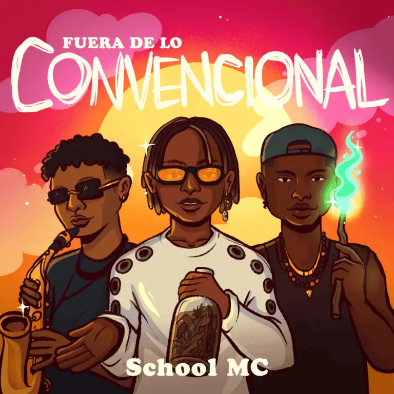 戴着墨镜、身上有纹身的人物，在展会上演奏萨克斯管，数字插画。