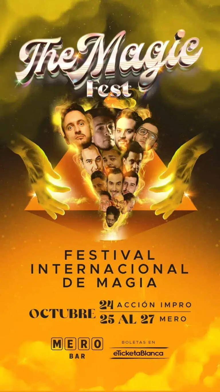 Magic show featuring comedians' faces and visual effects in gold and orange tones to promote the International Magic Festival in Medellín.
