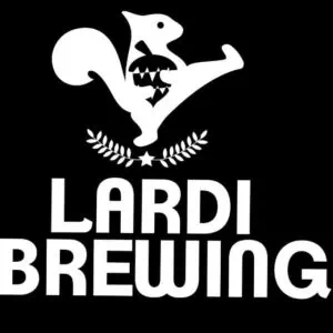 Logo LARDI BREWING avec une illustration de dinosaure et des éléments graphiques en noir et blanc, idéal pour les événements, la bière artisanale et l'image de marque des brasseries indépendantes.