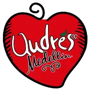 Ein rotes Herz mit dem Text „Yudes Medellín“ im Cartoon-Stil, das Liebe und lokale Kultur in Medellín darstellt.