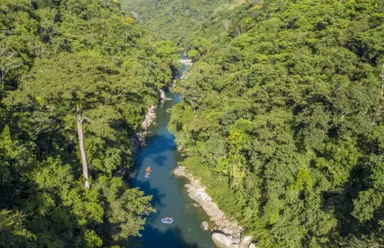Vue aérienne d'une forêt tropicale luxuriante avec une rivière qui la traverse et des gens faisant du rafting sur l'eau.