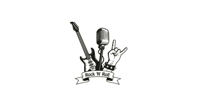 Guitarra eléctrica, micrófono y mano haciendo el gesto del rock, logotipo de Rock 'N' Roll con cinta. Diseño en blanco y negro para eventos musicales y conciertos de rock.