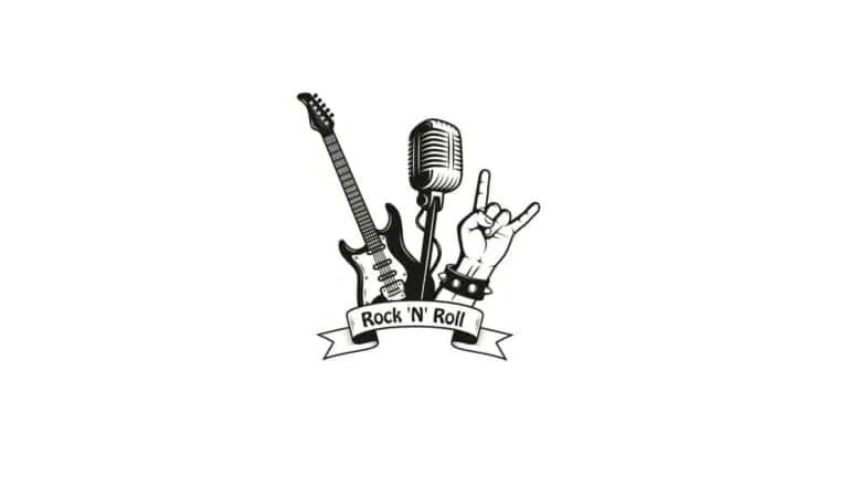 电吉他、麦克风和做出摇滚手势的手，以及用胶带制作的摇滚标志。黑白设计，适用于音乐活动和摇滚音乐会。