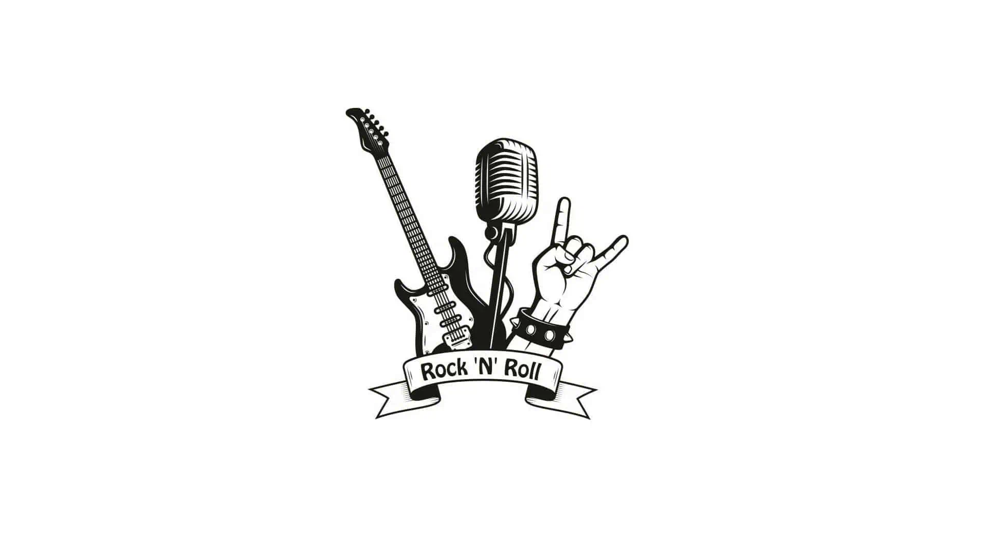 电吉他、麦克风和做出摇滚手势的手，以及用胶带制作的摇滚标志。黑白设计，适用于音乐活动和摇滚音乐会。