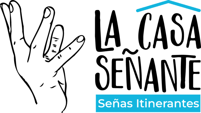 Hand-drawn in a minimalist style in black lines, accompanied by the text "La Casa Sensate" and "Señas Itinerantes" on a blue background, promoting cultural and artistic events in Colombia.