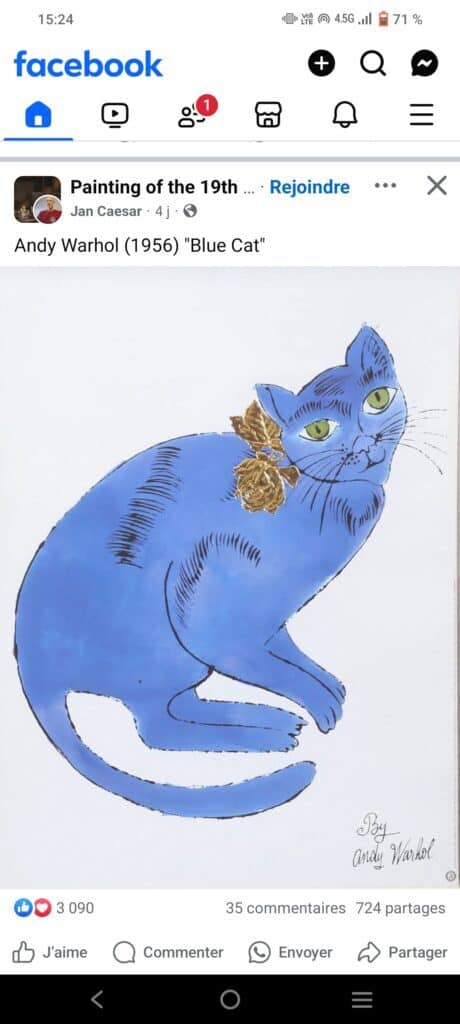 Gato azul de Andy Warhol en estilo pop art, obra clásica del arte contemporáneo, arte de Andy Warhol, obra famosa del artista, pintura de gato en colores vivos, arte moderno y pop art, obra de arte icónica, obra de arte reconocida, obra de arte de Andy Warhol, obra artística de gatos, pintura contemporánea, arte para decoración, obra de arte en estilo pop art para coleccionistas.