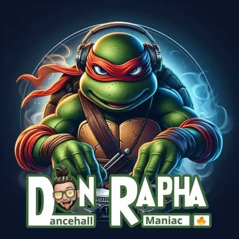DJ Raphael 忍者神龟卡通形象，戴着耳机，拿着黑胶唱片，充满活力的数字艺术风格，适用于活动和现场音乐。