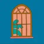 Un pez de color azul nadando frente a una ventana con barrotes, ilustración simple y moderna.