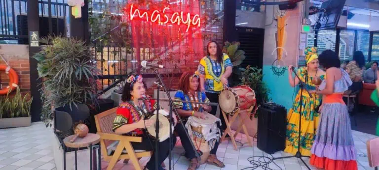 Afro-Colombian musicians perform at a culturally themed restaurant in Bogotá.
