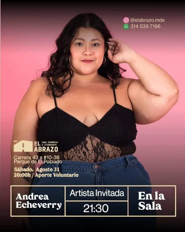 Zusammengesetztes Bild einer Plus-Size-Frau mit dunklem lockigem Haar, die ein schwarzes Spitzentop und Jeans trägt und für einen Live-Auftritt von Andrea Echeverry im Casa El Abrazo wirbt El Poblado, Medellin, Kolumbien.