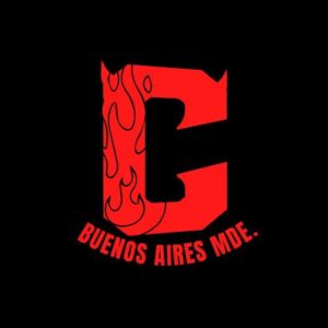 Fondo negro con letra E estilizada en rojo con fuego y texto "Buenos Aires MDE", representando la identidad visual de Eventario.