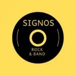 黑色圆盘，黄色背景，印有 Signos Rock & Band 标志，用于音乐活动和现场音乐会。
