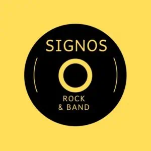 黑色圆盘，黄色背景，印有 Signos Rock & Band 标志，用于音乐活动和现场音乐会。