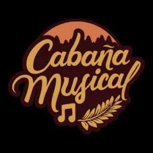 Musical Cabin-Logo, ein Musikereignis in einem Café oder Kulturraum, mit Musiknoten und natürlichem Dekor, ideal zur Werbung für Musikereignisse und -erlebnisse.