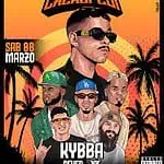Kybbat, guests at an event with a backdrop of palm trees and an orange sky, in the artistic style of a concert poster, promoting an event in Colombia.
