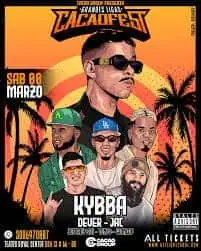 Kybbat, guests at an event with a backdrop of palm trees and an orange sky, in the artistic style of a concert poster, promoting an event in Colombia.